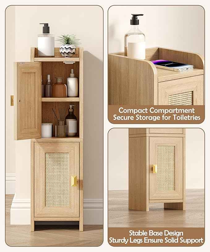 Rattan Small Bathroom Cabinet with 2 Doors, 7.9''D x 7.9''W Narrow Toilet Paper Storage Cabinet, Bathroom Organizer for Small Spaces, Wooden Slim Corner Unit with Adjustable Shelf, Natural Oak