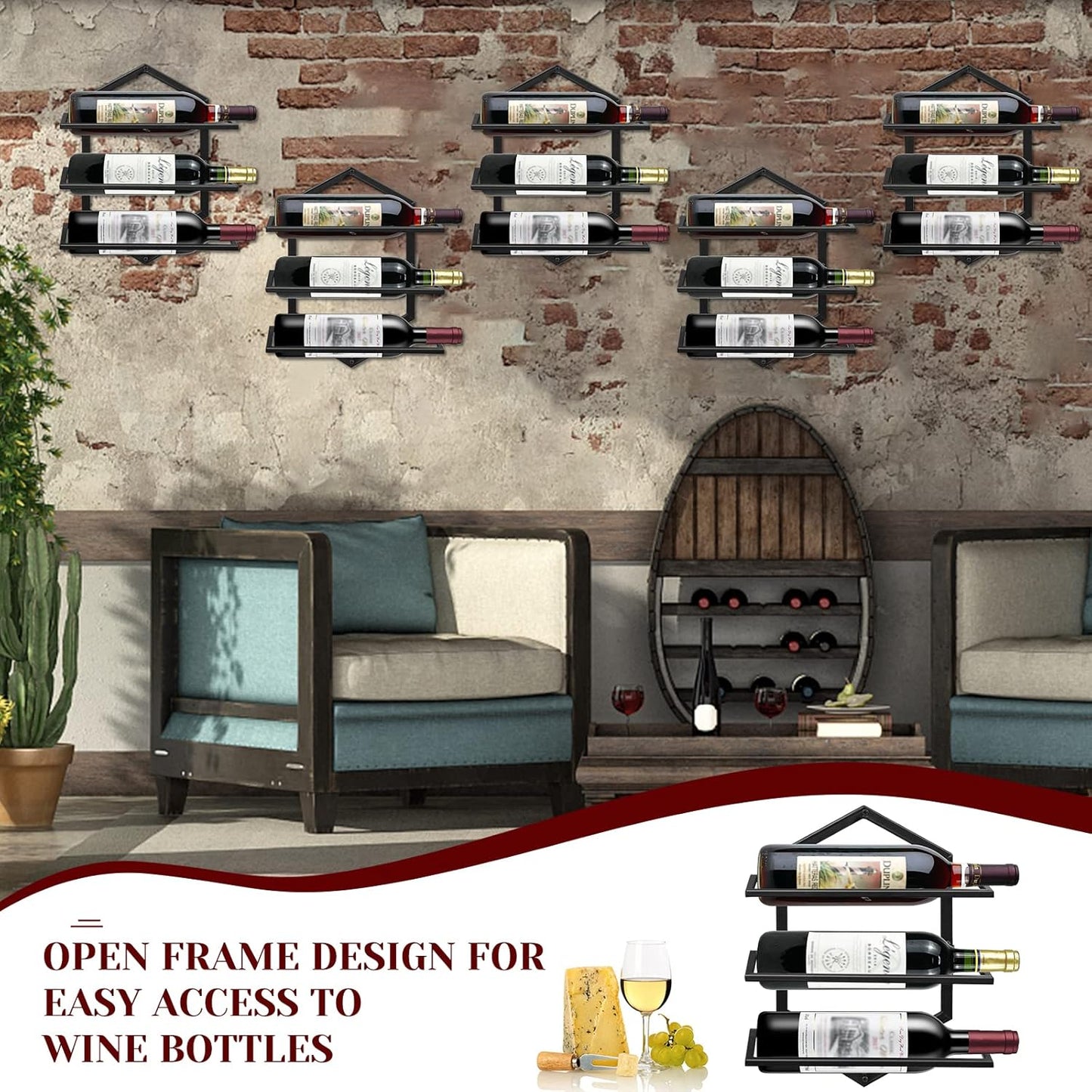 Wall Mounted Wine Stemware Rack, Metal Hanging Wine Glass Display Holde Holds 3 Bottles, Elegant Storage for Kitchen Dining Room Bar Wine Cellar