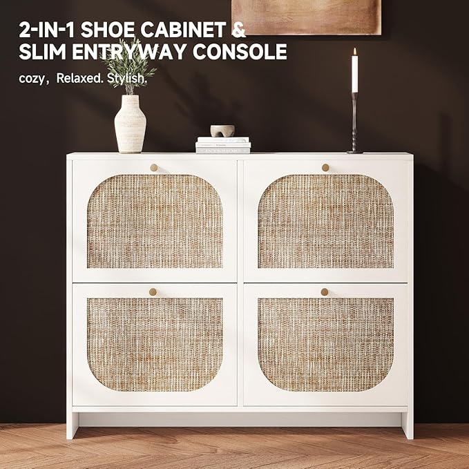 Nicetree Freestanding Ultra Slim Arched Rattan Accent Shoe Storage Cabinet for Entryway - 4 Flip Drawers & 3-Tier Adjustable Shelves, Farmhouse Modern Rustic Shoe Rack for Hallway Foyer,Cloud White