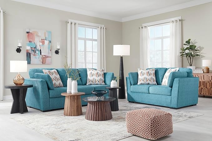 Signature Design by Ashley Keerwick Scandinavian Sofa with 4 Toss Pillows, Blue