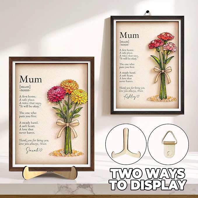 vinatimes Personalized Birthday Gift for Women, Mom Birth Flower Frame, Custom Mum Definition Art Craft Family Keepsake, Gifts for Mothers Day, Grandma, Nana, Nini Gifts, Decorative Sign for Home
