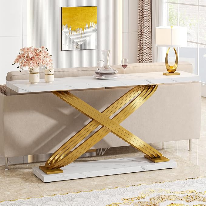 LITTLE TREE Console Table, 55" Long Modern Entryway Table for Living Room, Hallway, Faux Marble White & Gold