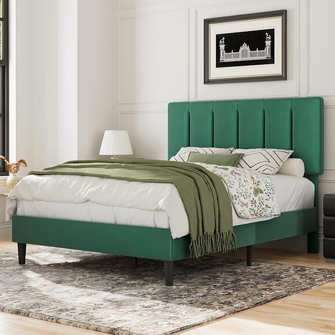 VECELO Full Bed Frame with Upholstered Headboard, Heavy-Duty Platform Bedframe with Strong Wooden Slats Support, No Boxing Spring Needed, Dark Green
