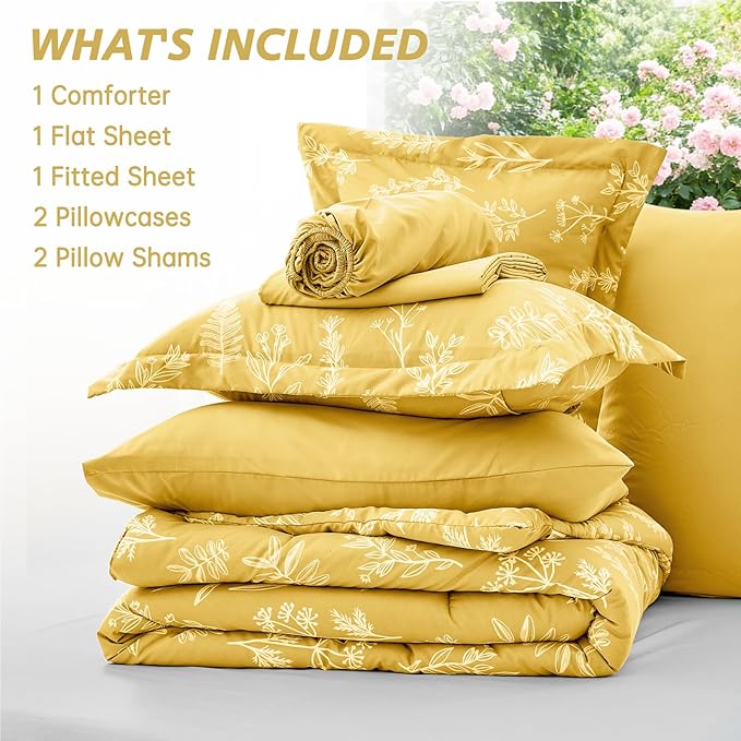 MUXHOMO Bright Yellow Bed in a Bag Queen 7 Pieces, Queen Comforter Set Reversible Botanical Flowers Design, Ultra Soft & Breathable Bedding Sets with Comforter, Sheets, Pillowcases & Shams