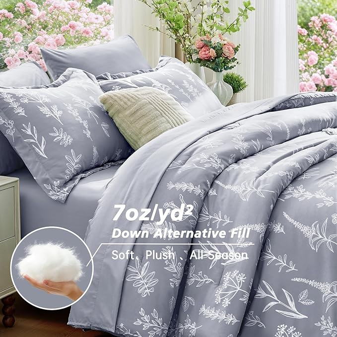 MUXHOMO Light Grey King Comforter Set, Elegant Floral Print Bed in a Bag 7 Pieces, Ultra Soft & Breathable Reversible Botanical Pattern Bedding Set with Comforter, Sheets, Pillowcases, and Shams