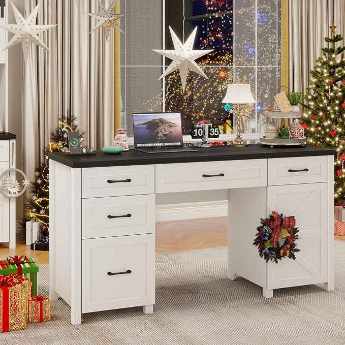 Vabches Farmhouse 61'' Executive Desk with 5 Drawers, Rustic Office Desk Computer Desk with Charging Station, File Drawers and Storage Cabinet, Wood Workstation for Home Office and Study.(Black Top)