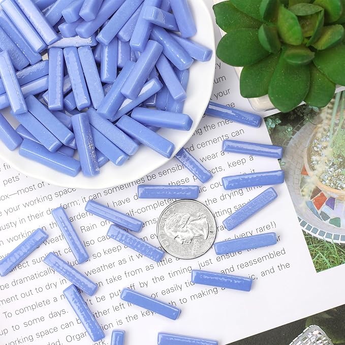 Youway Style Mosaic Tiles for Crafts Bulk,150g Blue Strips Shapes Mosaic Glass Pieces,Glass Mosaic Garden Craft Kit