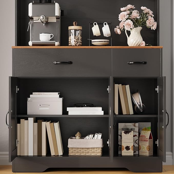 IDEALHOUSE 71" Kitchen Pantry Storage Cabinet with Charging Station, Farmhouse Kitchen Hutch Cabinet with 2 Storage Drawers, Large Food Pantry with Microwave Stand for Dining Room,Living Room,Black