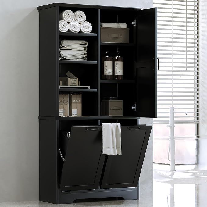 68" Tall Bathroom Storage Cabinet with Two Doors and Two Laundry Hampers for Home Display Organizer, Adjustable Shelf, Black