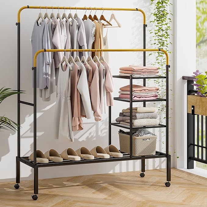 Tangkula Rolling Double Rods Garment Rack, Clothes Drying Rack with Height Adjustable Hanging Bars, Storage Shelves & Lockable Wheels, Heavy-duty Steel Clothing Rack for Indoor & Outdoor Use (Gold)