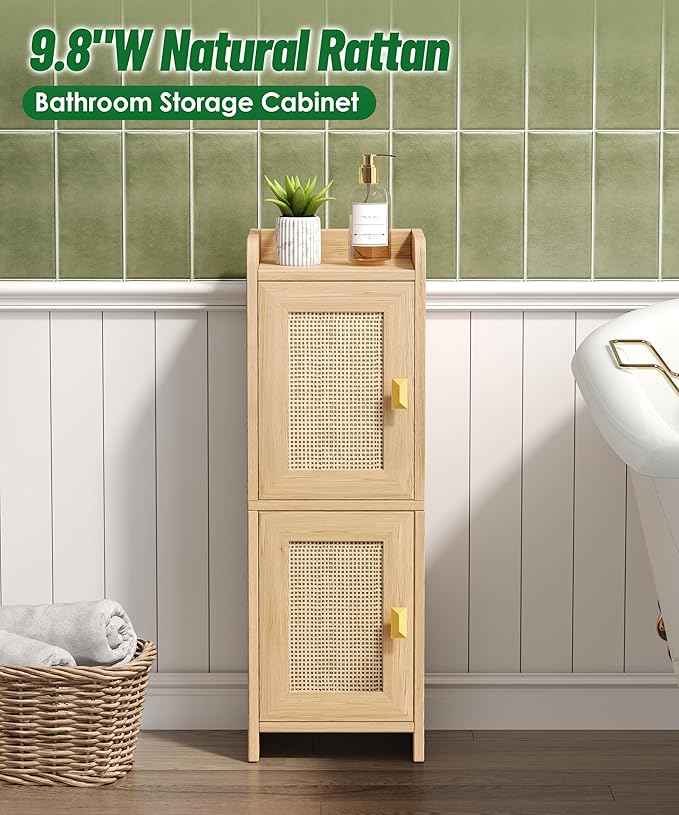 Rattan Small Bathroom Cabinet with 2 Doors, 7.9''D x 9.8''W Narrow Toilet Paper Storage Cabinet, Bathroom Organizer for Small Spaces, Wooden Slim Corner Unit with Adjustable Shelf, Natural Oak