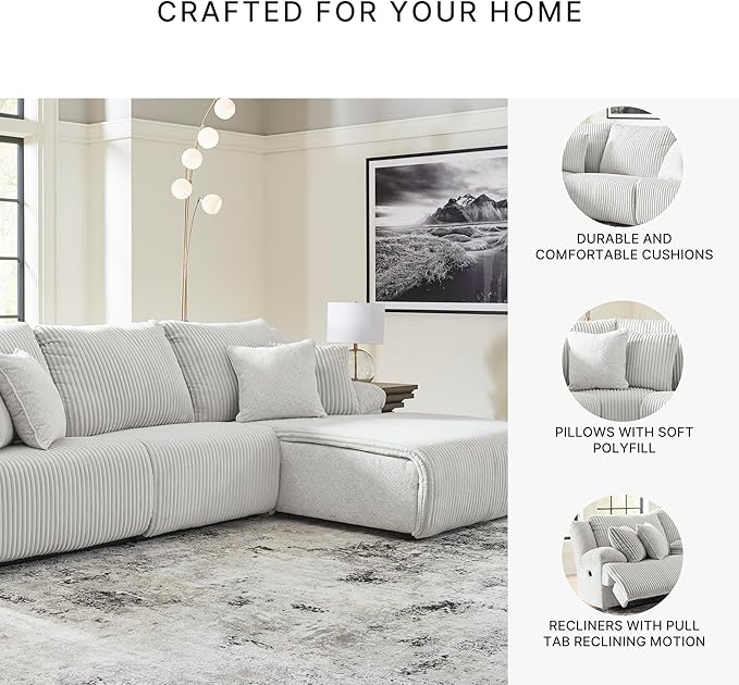 Signature Design by Ashley Top Tier Casual L-Shaped 3-Piece Reclining Sectional Sofa with Pillow-Top Armrest and 4 Accent Pillows, Light Gray