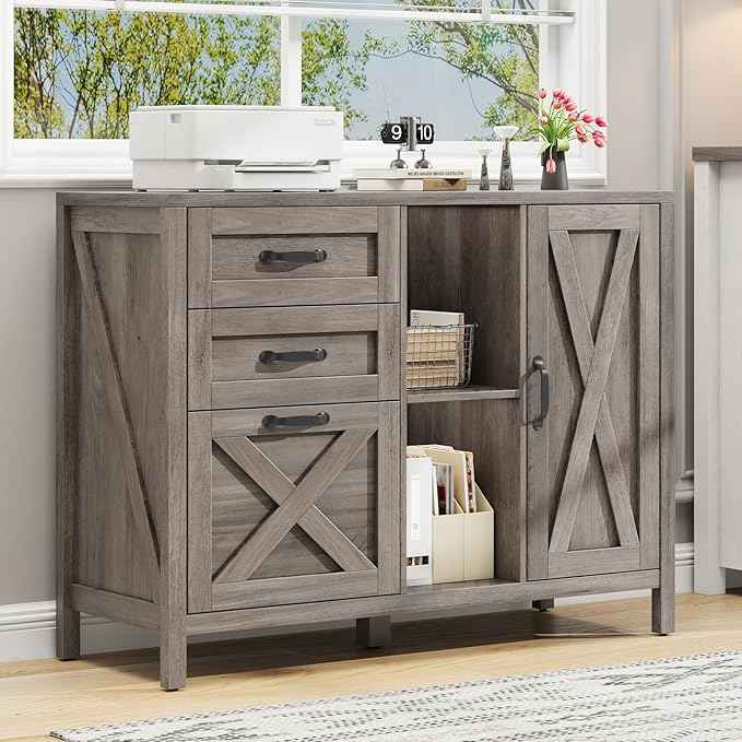 Vabches Lateral File Cabinet, Farmhouse 3 Drawer File Cabinet with Open Storage Shelf for Letter/Legal/A4 Size Hanging Files, Large Wood Storage Cabinets Printer Stand for Home Office, Grey