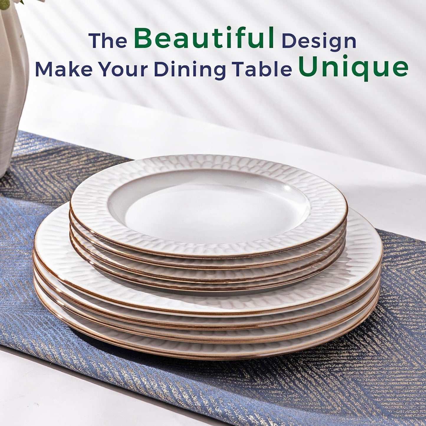 GBHOME Ceramic Dinnerware Sets,18 pcs Embossed Elegant Stoneware Plates and Bowls Sets, Housewarming Wedding Gift | Dishwasher & Microwave Safe | Dishes Set Service for 6