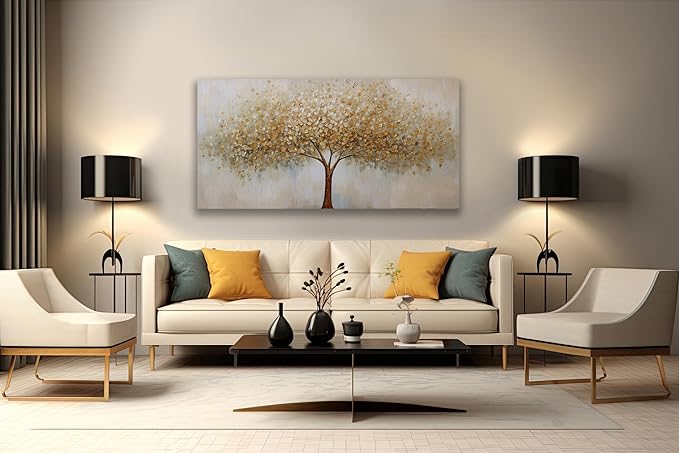 VHMING Wall Art Abstract Gold Tree of Life Modern Artwork Canvas Painting Textured Tree Pictures Wall Decor for Living Room Bedroom Dining Room Home Office Decor 24"x48" Ready to Hang