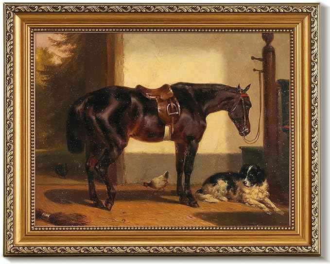 uniro Vintage Gold Framed Wall Art for Home Decor, Farmhouse Wall Decor Horse Canvas Artwork, Antique Animal Farm Poster Equestrian Wall Art for Nursery Wall Decor, Rustic Horse Aesthetic Picture for Bathroom, Living Room, Desktop decor - 12x16Inch