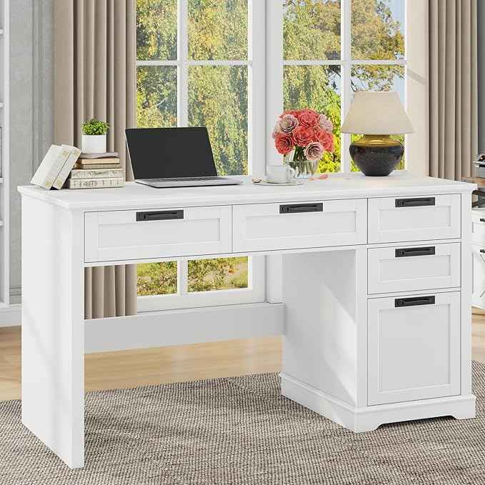 Vabches 55" Farmhouse Home Office Desk with File Drawer, Executive Computer Desk with 4 Storage Drawers, Rustic Computer Desk for Working, Studying, Writing, White