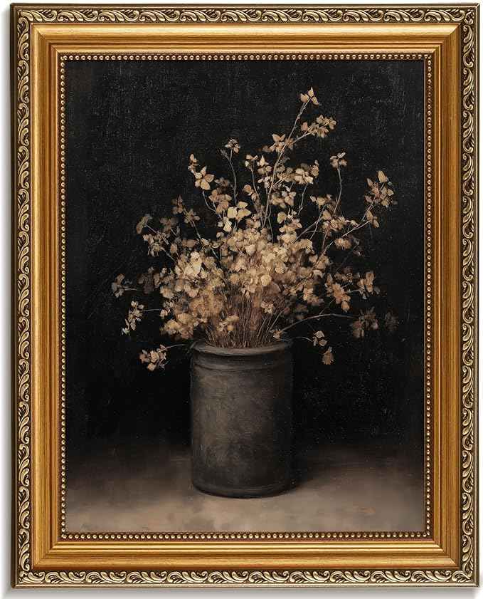 uniro Vintage Gold Framed Wall Art for Home Decor, Moody Floral Canvas Art Prints Painting for Fall Wall Decor, Retro Fall Dried Flowers Vase Wall Painting, Rustic Botonical Still Life Autumn Frame Art for Bedroom, Gallary, Living Room, Office- 11x14Inch