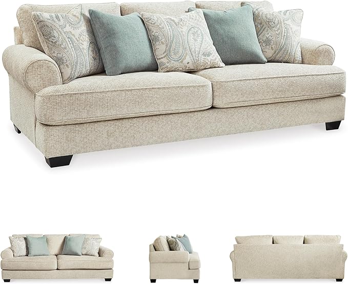 Signature Design by Ashley Monaghan Vintage Sofa with Accent Pillows, Reversible Cushions and Rolled Arms, Beige