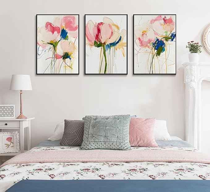 3PCS Colorful Abstract Line Floral Canvas Wall art Botanical Floral Line Posters Print Modern Minimalist Flower Pictures Wall Decoration for Girls' Room Bedroom Living room Unframed