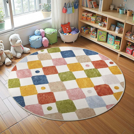 jinchan Round Rug 4ft Kids Washable Rug Indoor Floor Cover Non-Slip Soft Modern Elementary School Classroom Colorful Diamond Carpet for Nursery Daycare Bedroom Playroom Living Room Circus on Cream