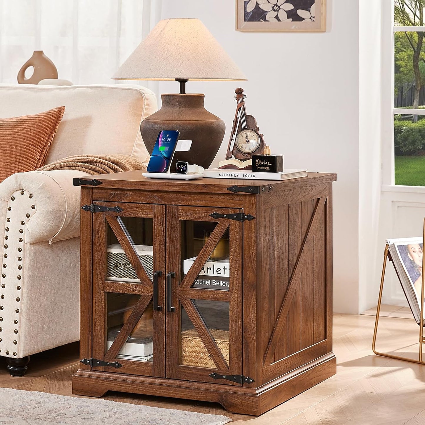 24" End Table with Charging Station, Farmhouse Night Stand with Glass Barn Door, Green Nightstands with Adjustable Storage Shelf, Large Wood Square Bed Side Table for Living Room, Bedroom