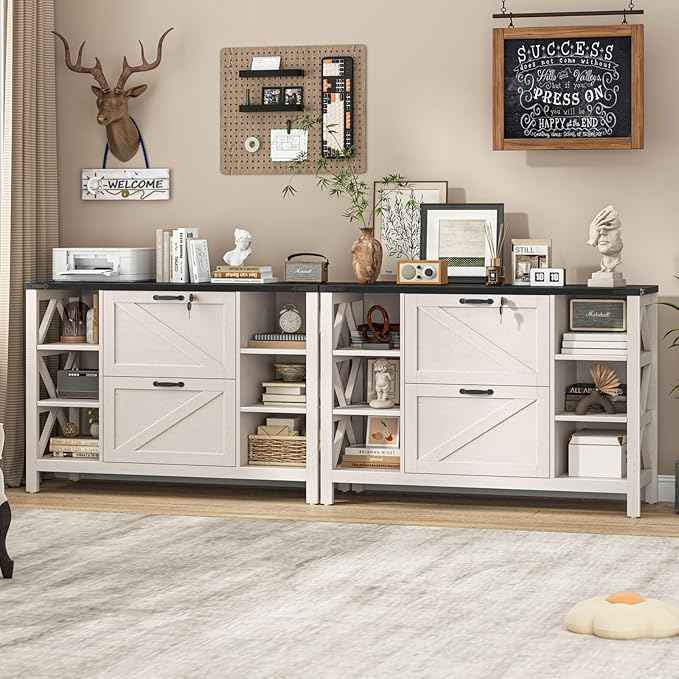 Vabches File Cabinet with 2 Drawers, Farmhouse Lateral File Cabinet Fits Files Letter/A4/Legal Size, Wooden Filing Cabinet with 4 Adjustable Shelves Printer Stand for Home Office, White and Black