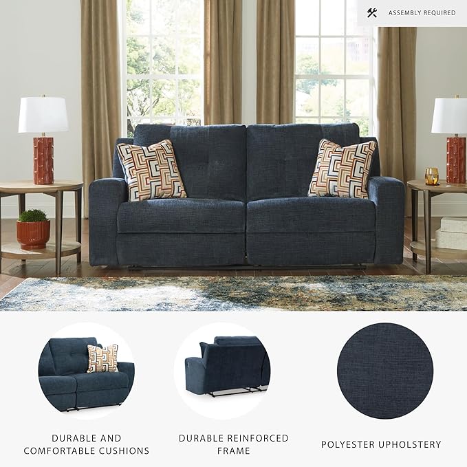 Signature Design by Ashley Danum Modern Manual Pull Tab Reclining Sofa with Tufed Back Cushion, Blue