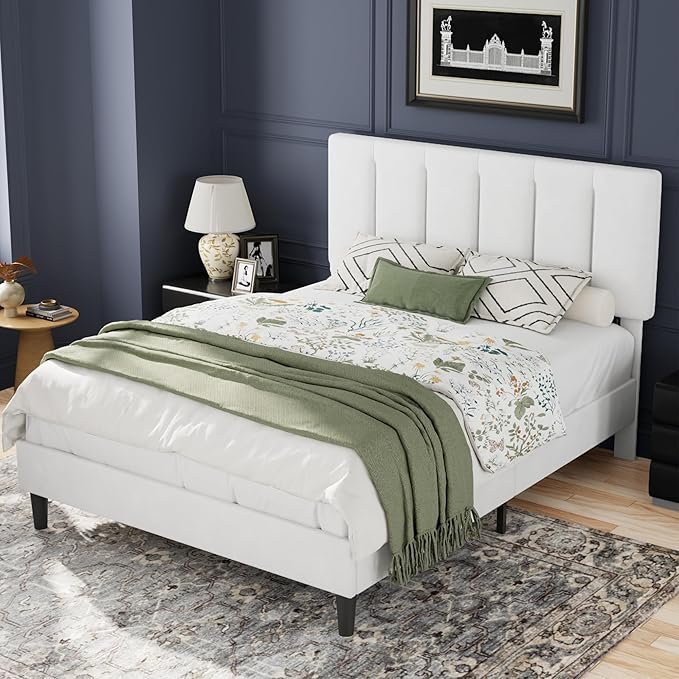 VECELO Full Bed Frame with Upholstered Headboard, Heavy-Duty Platform Bedframe with Strong Wooden Slats Support, No Boxing Spring Needed, Pure White