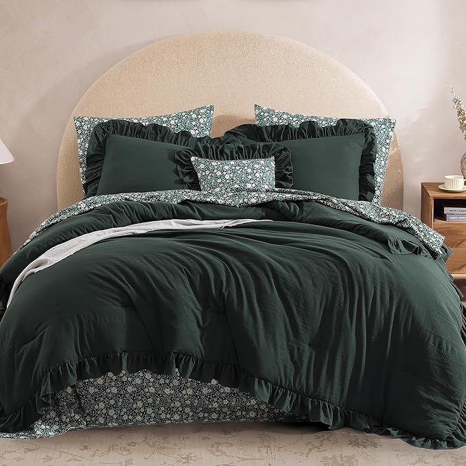 Twin XL Comforter Set - 5 Pieces Ruffle Forest Green Floral Bedding Sets, Shabby Chic Farmhouse Bed in a Bag with Ruffle Comforter, Floral Sheets, Pillowcase & Sham