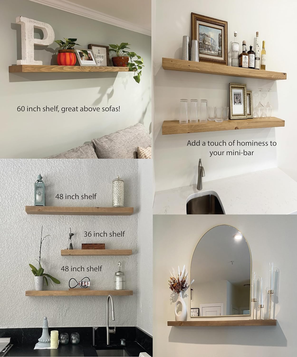 joelsantiques 48 Inch Wooden Floating Shelves for Wall - 48x6x2 in - Made of Natural Wood - Long Heavy Duty Rustic Wall Shelves for Bedroom - Perfect for Living Room, Kitchen - Natural