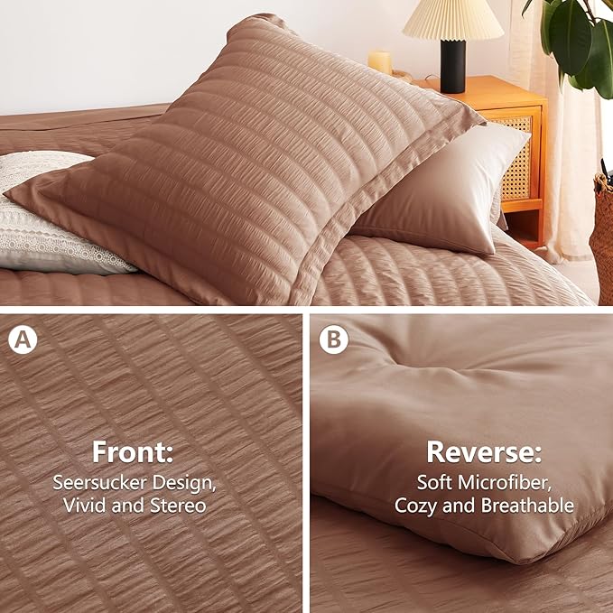 CozyLux Full Size Comforter Sets with Sheets Seersucker 7 Pieces Mocha Mousse Bed in a Bag Textured Luxury Soft Bedding Set with Down Alternative Comforter, Sheets, Pillowcases & Shams for All Seasons