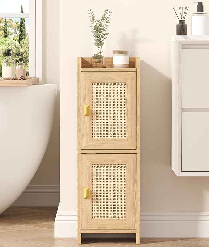 Rattan Small Bathroom Cabinet with 2 Doors, 7.9''D x 9.8''W Narrow Toilet Paper Storage Cabinet, Bathroom Organizer for Small Spaces, Wooden Slim Corner Unit with Adjustable Shelf, Natural Oak