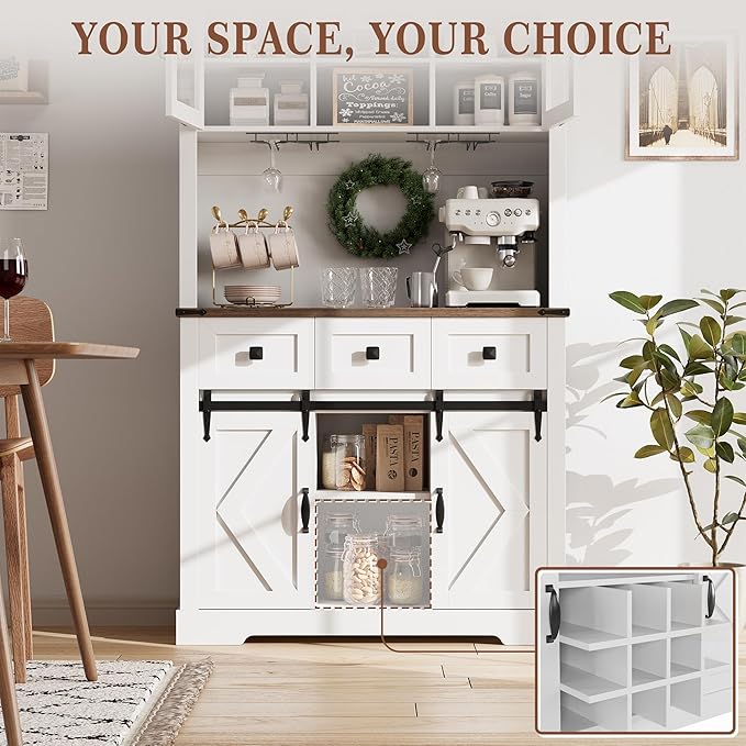 72 in Farmhouse Bar Cabinet with Sliding Barn Door, Tall Kitchen Buffet with Storage Hutch and 3 Drawer, Rustic Coffee Wine Bar Sideboard with Wine & Glasses Rack, for Living Room, Pure White