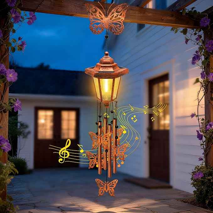 Large Solar Butterfly Wind Chimes, Gift for Women Mom Grandma Wife Sister Daughter Neighbor, Classic Bronze Wind Chimes With Wind Catcher, Solar Decor Lights For Outdoor Garden Patio Yard Porch Window