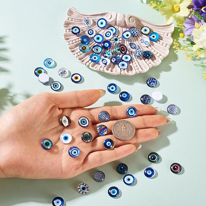 Craftora 100Pcs 12mm Transparent Glass Cabochons Mixed Blue Evil Eye Printed Cameo Dome Tiles Flat Back Glass Covered Dome Tiles for DIY Bracelets Necklace Scrapbooking Art Crafts