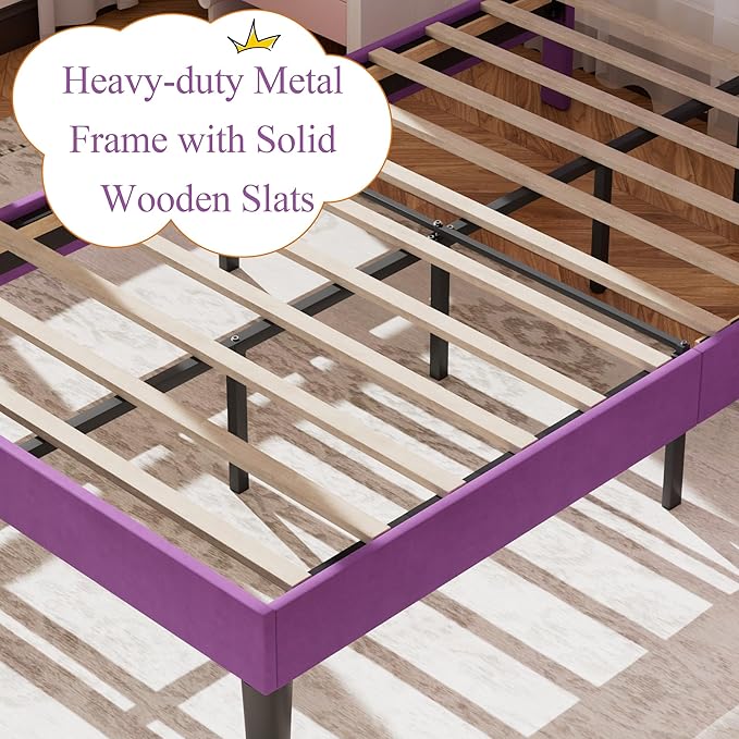 VECELO Twin Size Bed Frame with Crown Headboard, Upholstered Platform Bedframe with Strong Wood Slat Supports, No Box Spring Needed, Purple