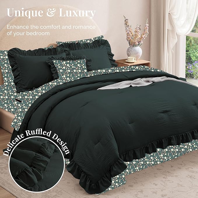 Twin XL Comforter Set - 5 Pieces Ruffle Forest Green Floral Bedding Sets, Shabby Chic Farmhouse Bed in a Bag with Ruffle Comforter, Floral Sheets, Pillowcase & Sham