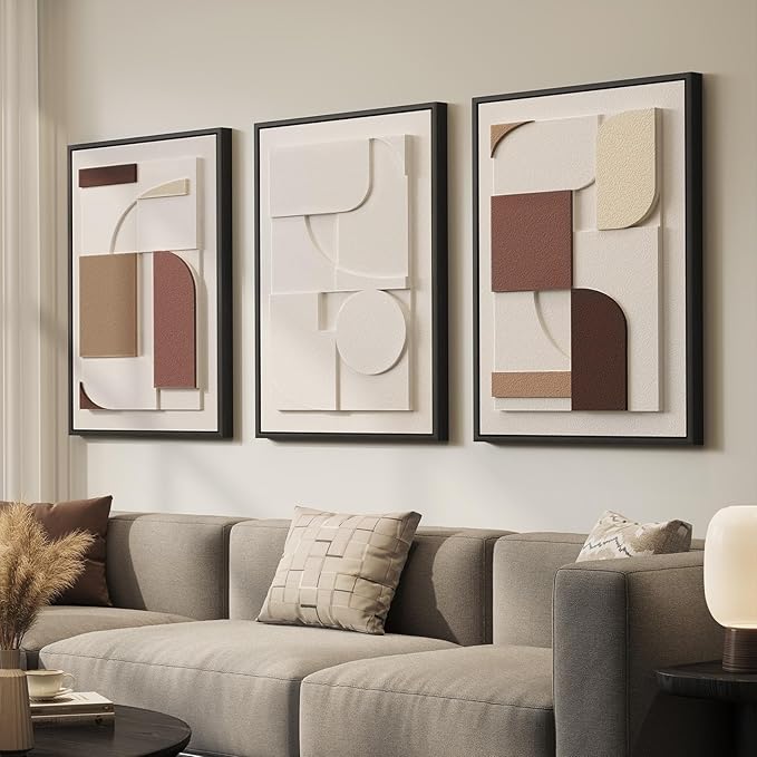 Large 3D Textured Framed Neutral Wall Art for Living Room, Brown Tan Beige Geometric Texture Artwork for Walls, 3 Piece Modern Minimalist Sandstone Art Painting for Hallway Office Wall Decor, 20x30 In