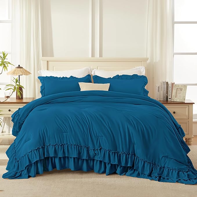 Andency Teal Queen Comforter Set (90x90Inch), 3 Pieces Lightweight Fluffy Ruffle Bedding Sets for Queen Bed, Farmhouse Shabby Chic Soft All Season Bed Set