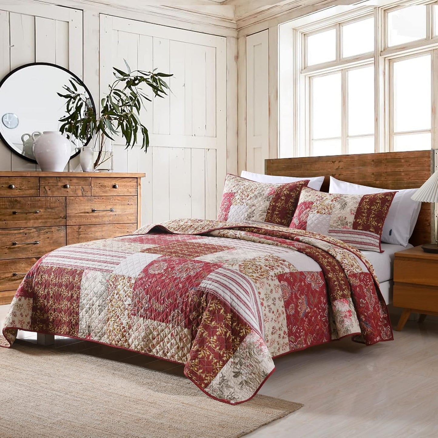 Yvooxny King Quilt Set Quilted Bedspread Country Farmhouse Cottage Vintage Ditsy Floral Paisley Style Reversible Lightweight Coverlet Set Real Patchwork Quilt for All Seasons, Antique Rose, King Size