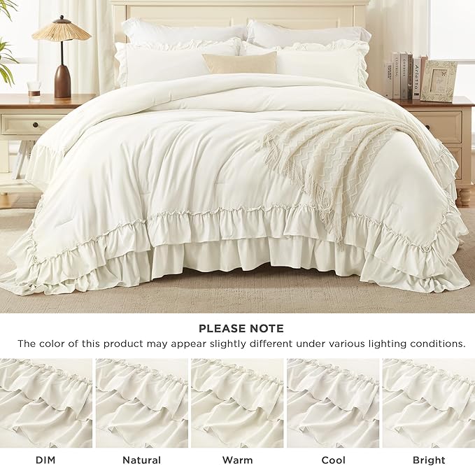 Andency Ivory Comforter Set Queen Size, Lightweight Fluffy Farmhouse Ruffle Bedding Set, Soft Microfiber All Season Shabby Chic Bed Comforter Set 3 Pieces(1 Comforter 2 Pillowcases)