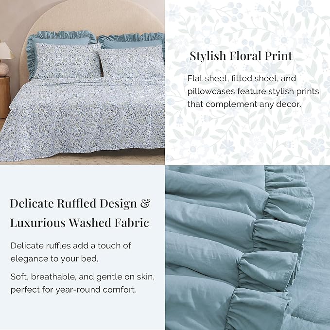 Twin XL Comforter Set - 5 Pieces Ruffle Blue Bedding Sets, Shabby Chic Farmhouse Bed in a Bag Twin XL with Ruffle Comforter, Floral Sheets, Pillowcases & Shams