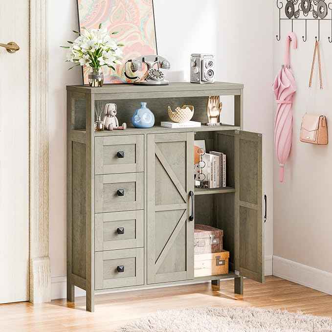 Farmhouse Storage Cabinet with 2 Doors and 4 Drawers, Freestanding Bathroom Storage Cabinet Kitchen Pantry Cabinet, Floor Cabinets Hutch Cupboard for Kitchen/Living Room/Bathroom.Grey Oak.