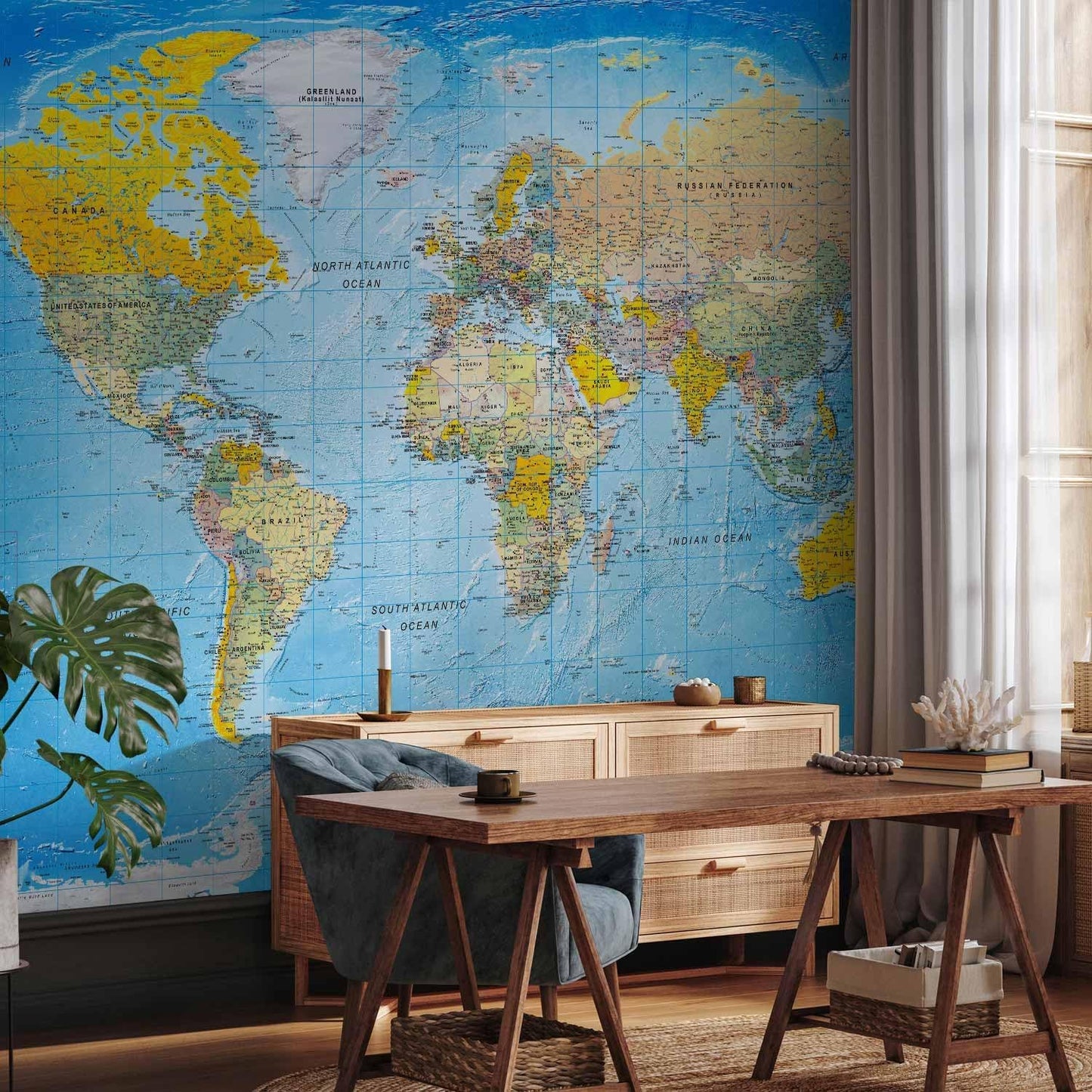artgeist Premium Wall Mural World Map 79x55 in - XXL Non-Woven Wallpaper Fleece Wall Decor Photo Print Picture Image Design Home Map of The World k-A-0109-a-a
