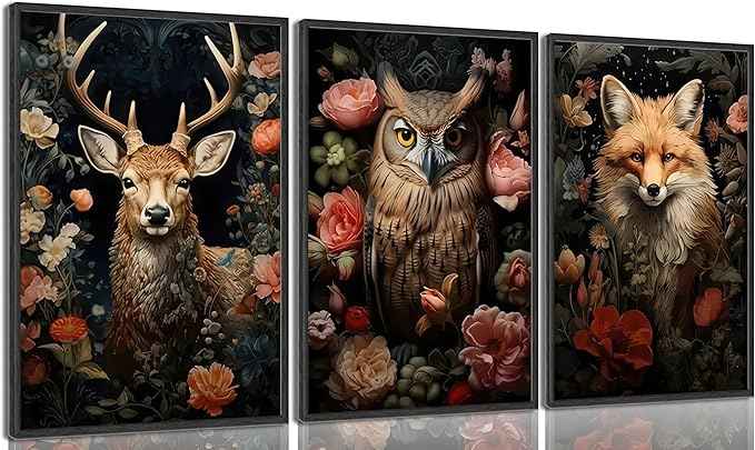 Magical Forest Animal Canvas Wall Art Flowers And Wild Animals Prints Wall Decor Dark Cottagecore Posters Gothic Vintage Botanical Floral Painting Picture Nature Room Decor Bedroom Decoration Unframed