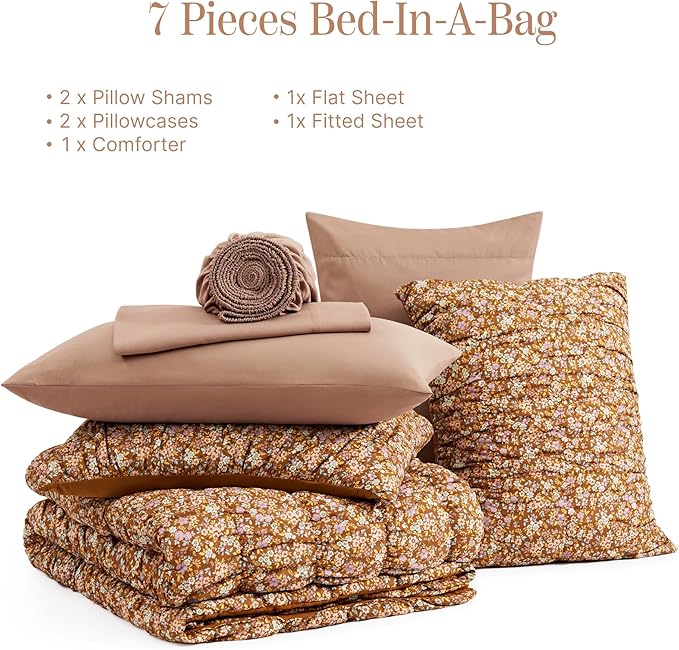 Queen Comforter Set-7 Pieces Brown Classic Puff Floral Bedding Sets for All Seasons,Shabby Chic Farmhouse Bed in a Bag Queen with Wildflowers Comforter,Sheets, Pillowcases & Shams