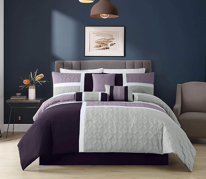 Chezmoi Collection Upland 7-Piece Quilted Patchwork Comforter Set, Lavender/Gray/Purple, Oversized King