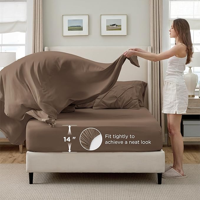 Bedsure California King Comforter Set Brown - Bed in a Bag Cal King Bedding Set 7 Pieces, GentleSoft™ Pintuck Bed Set Gift for Family, Pinch Pleat Brown Comforter with Sheets, Pillowcases & Shams