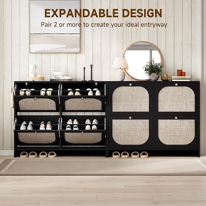Nicetree Shoe Storage Cabinet for Entryway, Rattan Vintage Flip Shoe Rack- 4 Flip Drawers & 3-Tier Adjustable Shelves,Boho Shoe Organizer for 28-36 Pairs - Fits Size 12 Boots, 9.5" Ultra Slim
